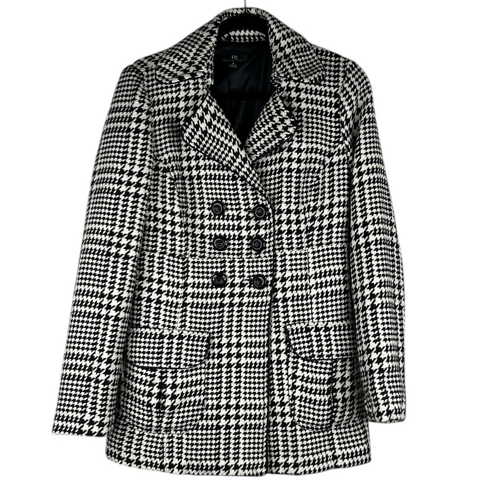 IZ Byer‎ California Black & White Houndstooth Wool Blend Classic Pea Coat Size M